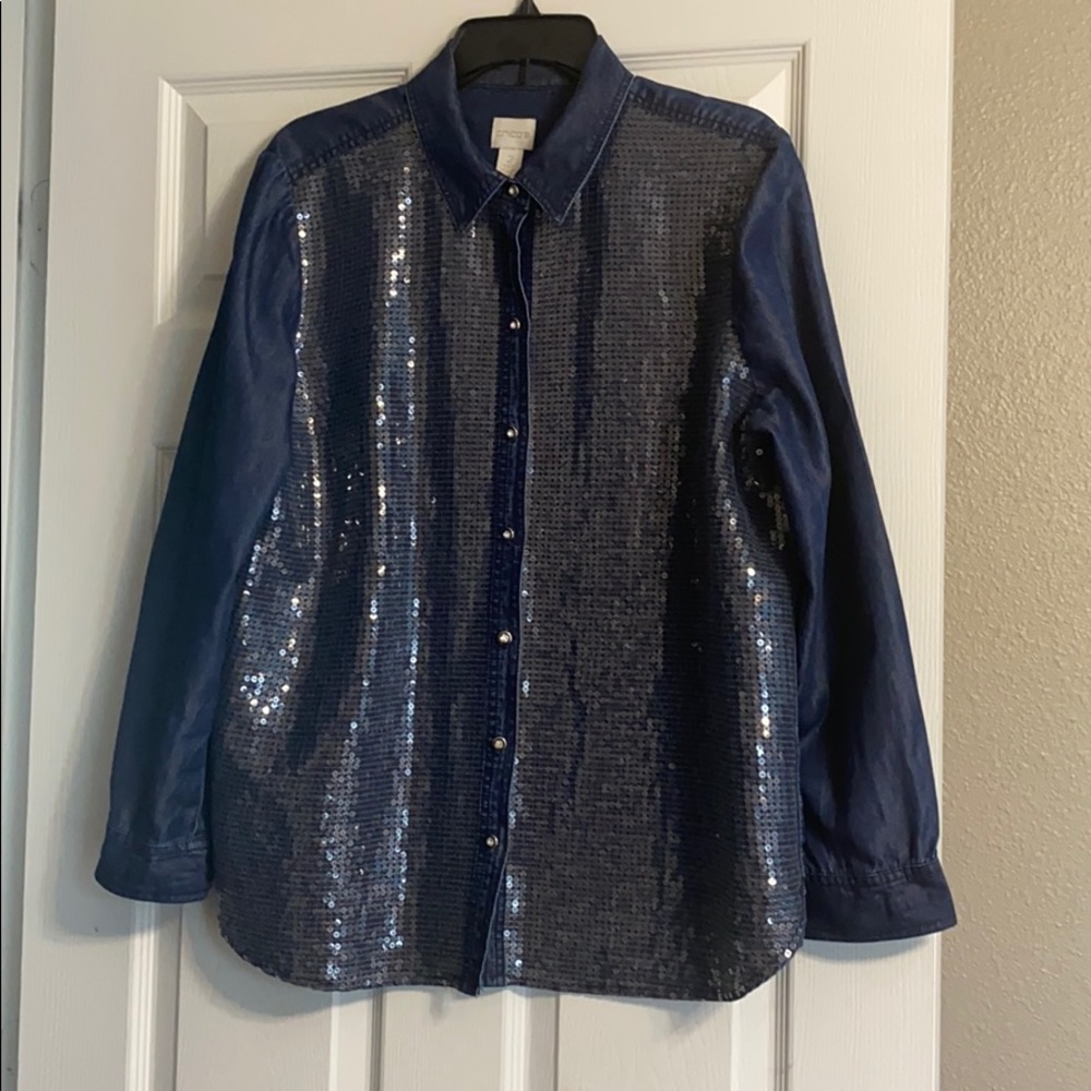 Chico’s denim sequined long sleeve shirt. (14)